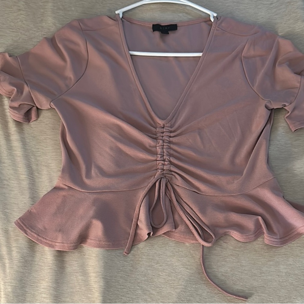 Mine Pink Ruched Tie Front Peplum Blouse